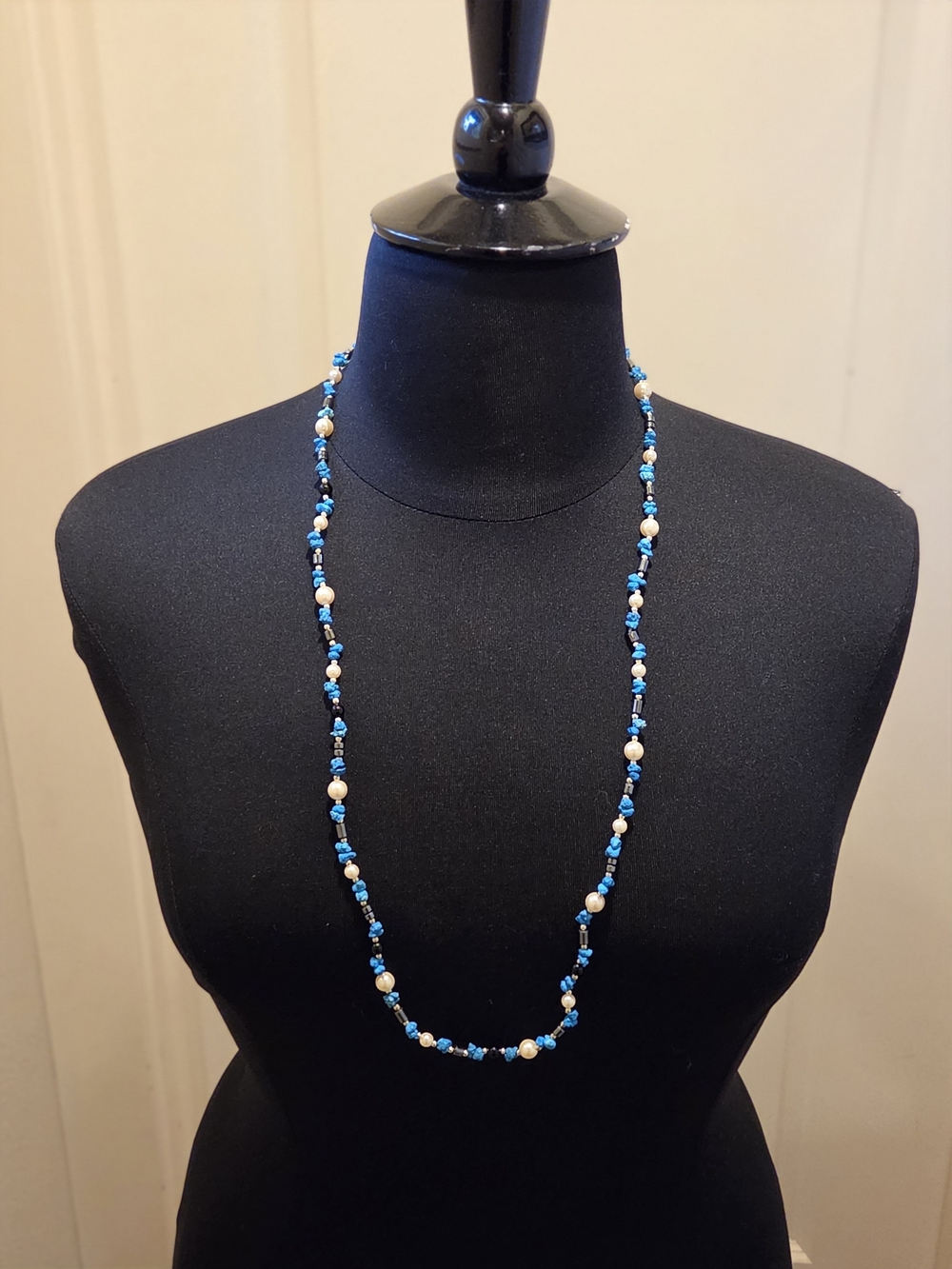 32"  Long Vintage Bohemian Beaded Necklace (Faux Turqoise Chip, Pearls,Hematite)